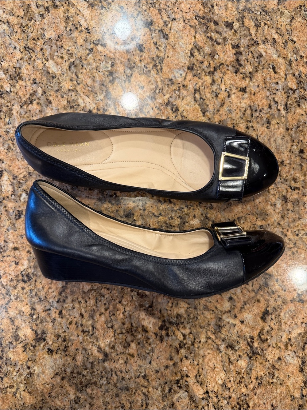 Cole Haan Black Leather & Patent Toe Flats with Gold Buckle - Size 11